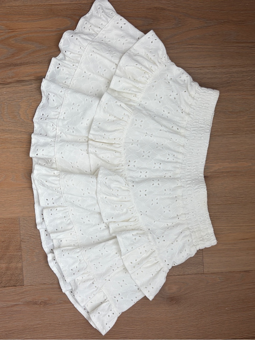 White Eyelet Ruffled Smocked-Waist Skirt